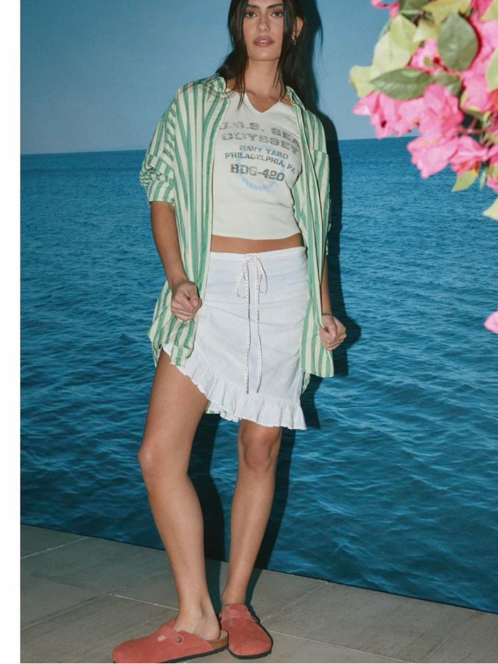 Linen White Ruffle Mini Skirt